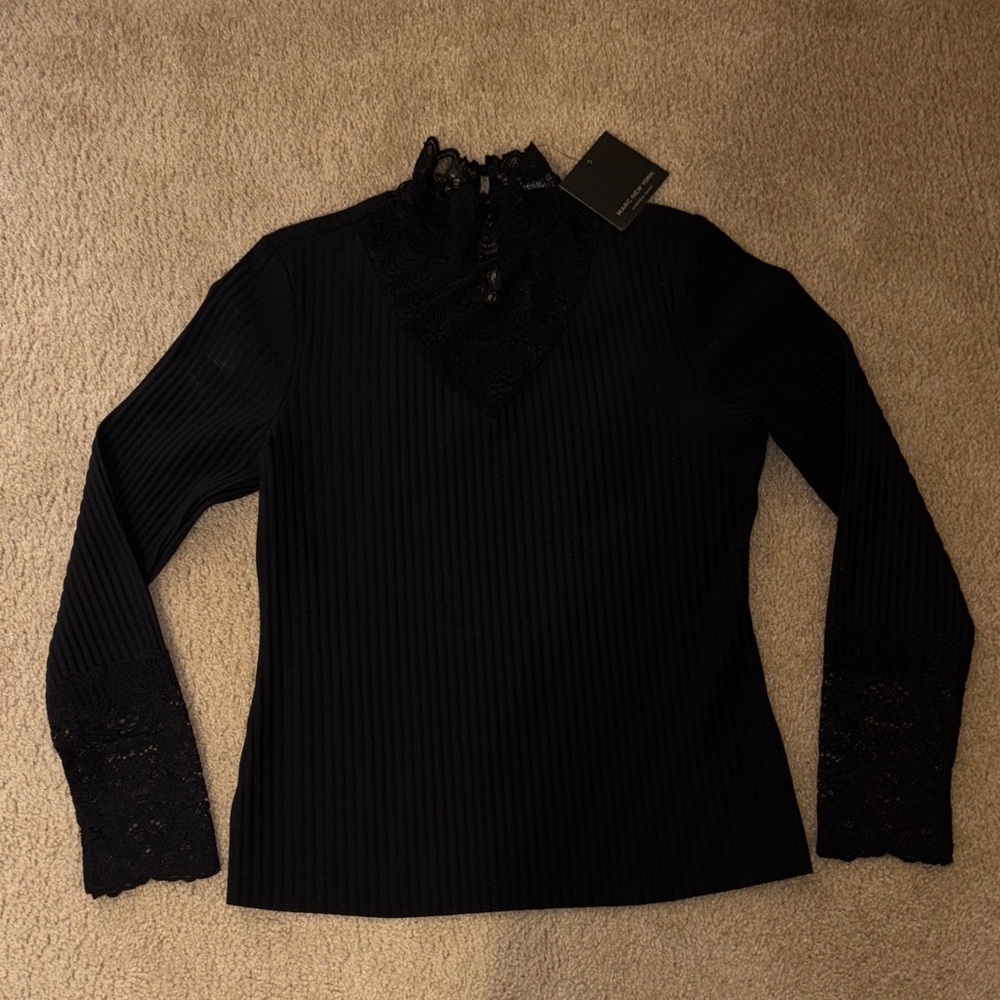 Marc New York Black Ribbed Long Sleeve Top with Lace Details
